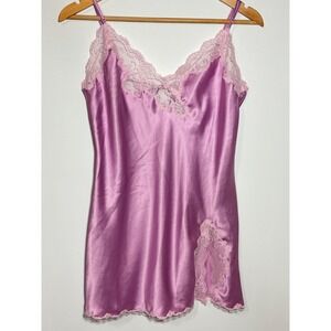 Victoria's Secret Tease Womens M Purple Satin Lace Trim Mini Slip Dress Tie Back